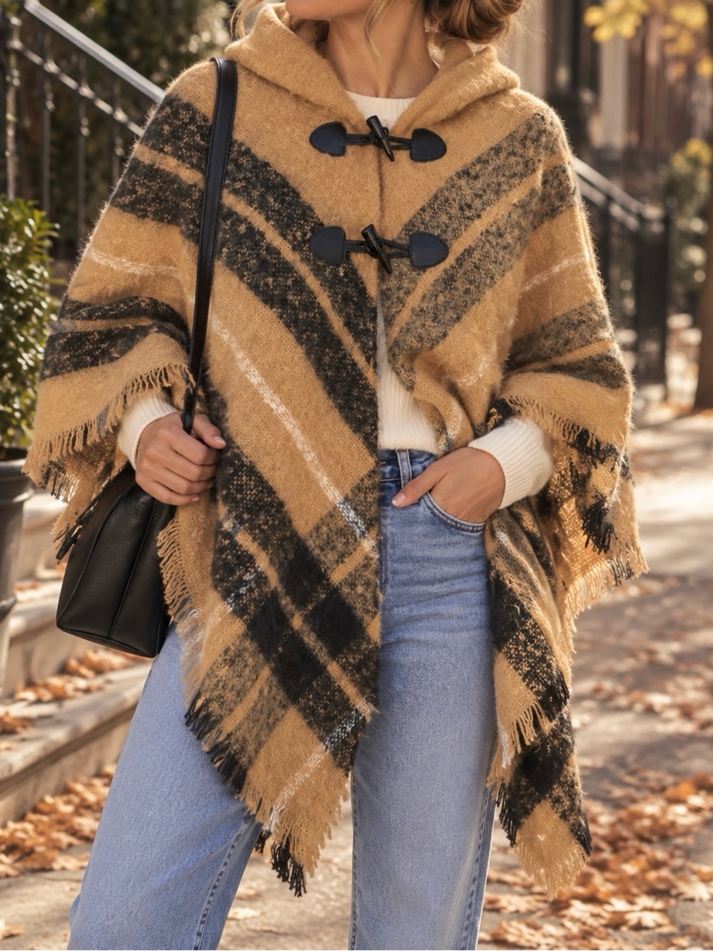 St. John’s Bay Plaid Hooded Toggle Ponzo Ruana Cape Neutral Multi One Size